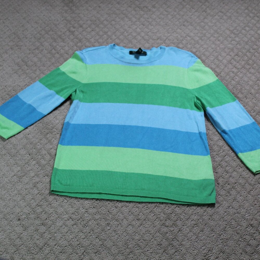 Lauren Ralph Lauren Size M Green Blue Striped Rayon Cotton Sweater